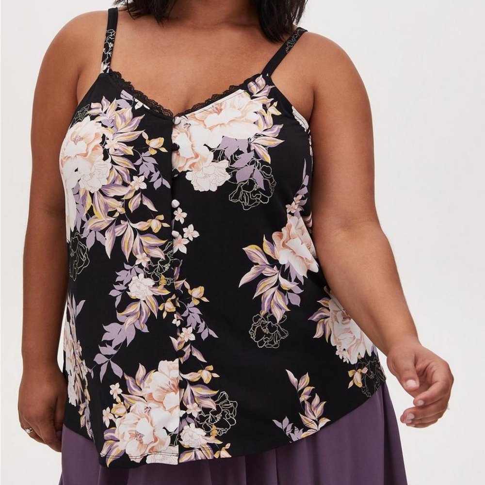 Torrid Studio Knit Button Front Swing Cami Tank Top Black Floral Lace 2 2x